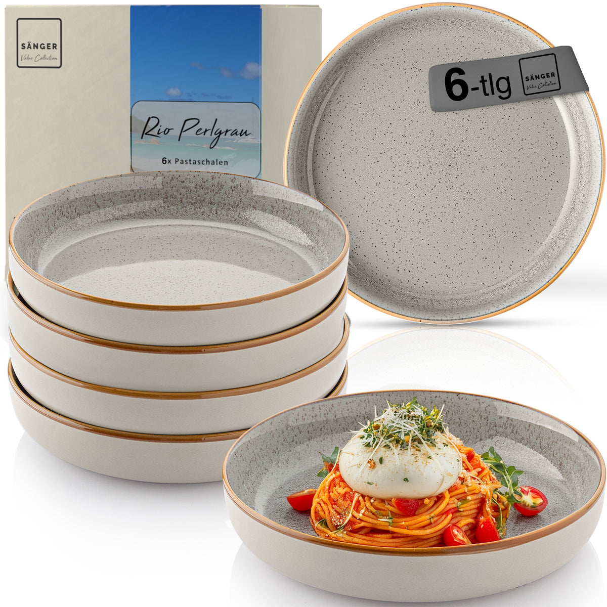 SÄNGER Pastaschalen Set Rio Perlgrau - 6 teilig aus Steingut