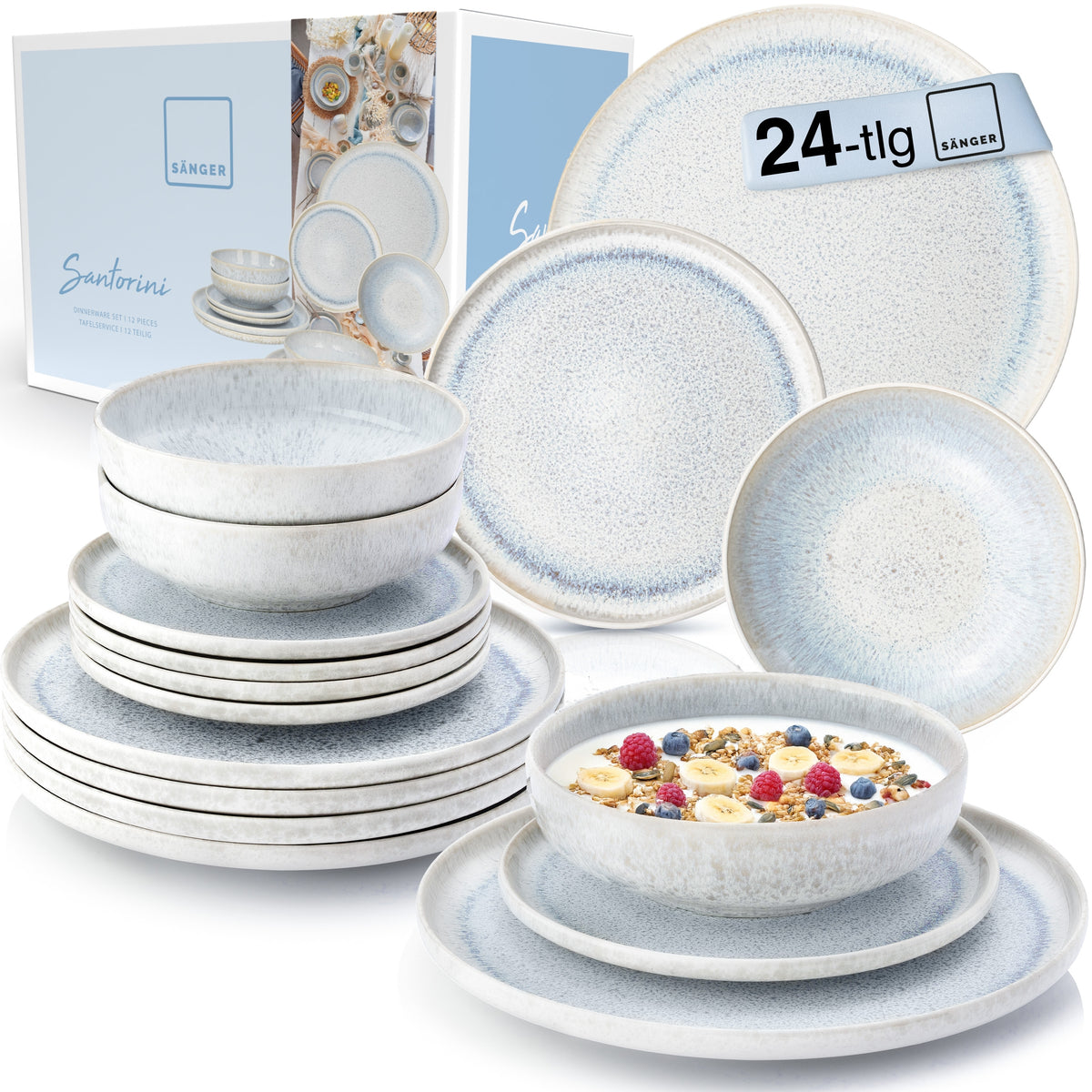 SÄNGER Steingut Geschirrset Santorini, Tafelservice 24 teilig für 8 Personen