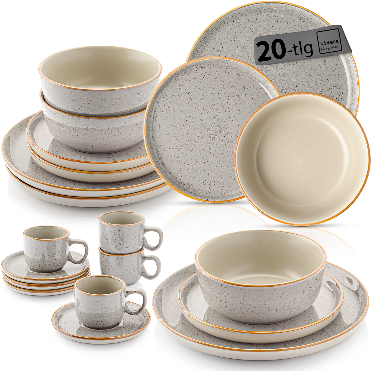 SÄNGER Stoneware Dinnerware Set Rio Pearl Grey, 20-Piece Combi-Set for 4 People with Espresso Cups