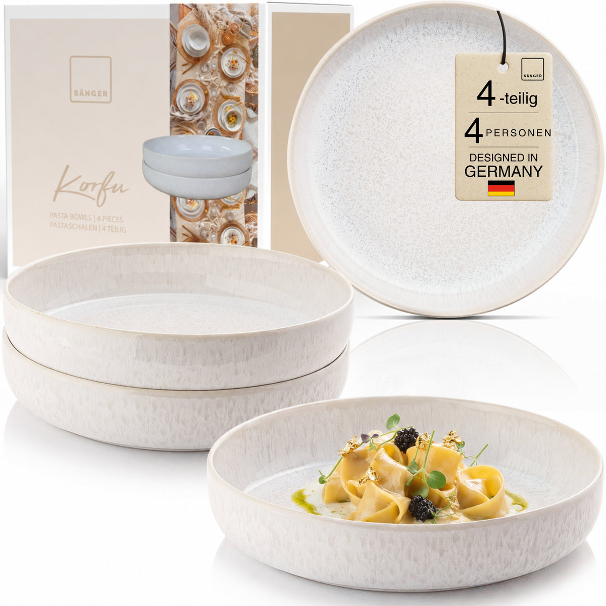 SÄNGER Korfu Pasta Bowl Set 4-piece made of cream-colored stoneware
