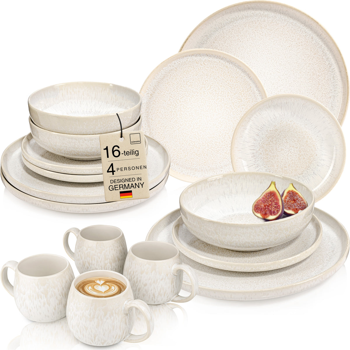 SÄNGER Stoneware Dinnerware Set Corfu, 16-Piece Combi Set for 4 People