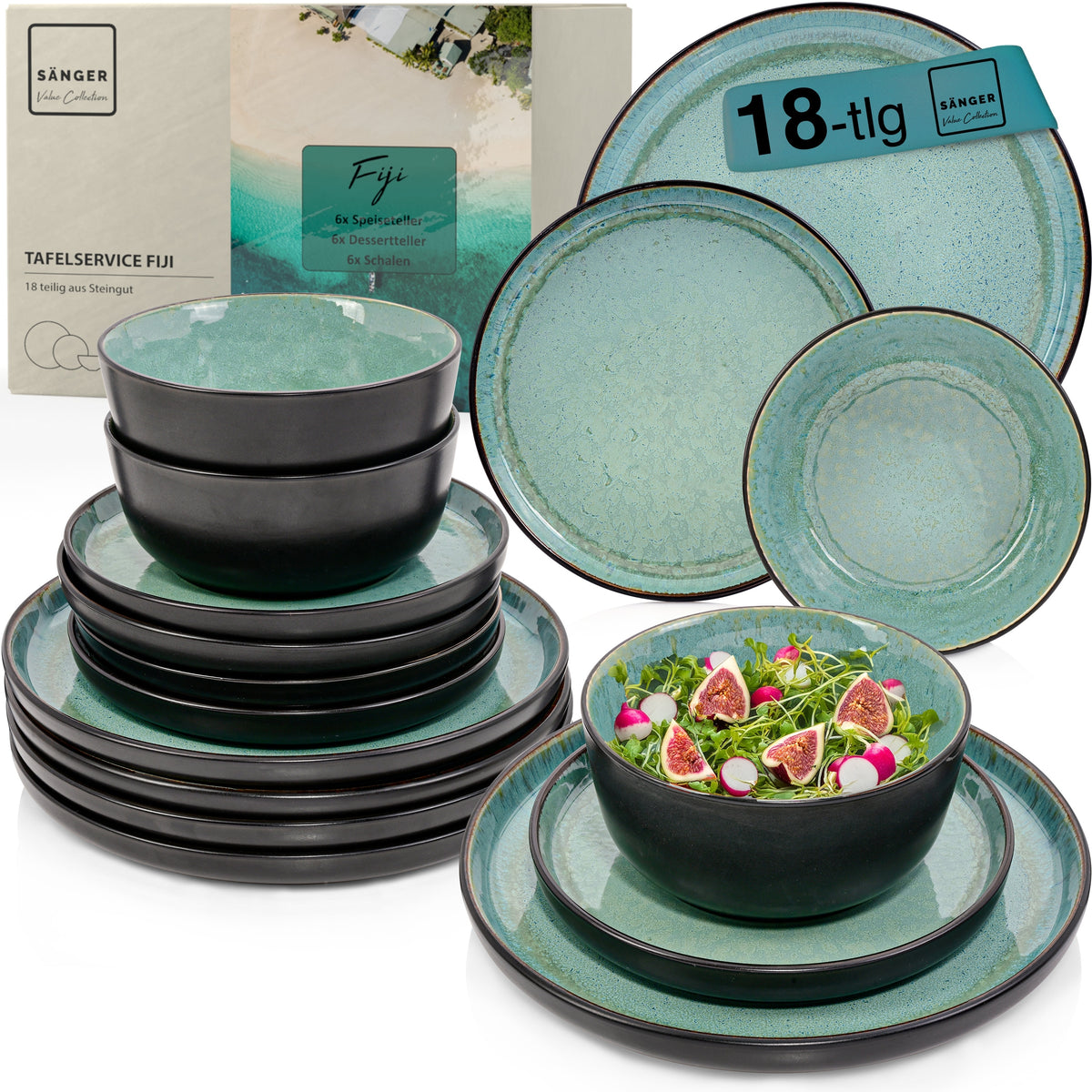 SÄNGER Stoneware Dinnerware Set Fiji, 18-Piece Dinner Service for 6 People