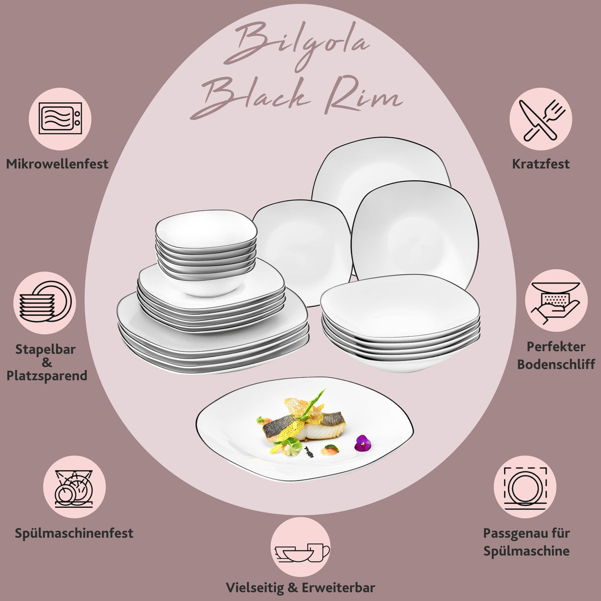 SÄNGER Porcelain Dinnerware Set Bilgola Black Rim, 24-piece Dinner Set for 6 People