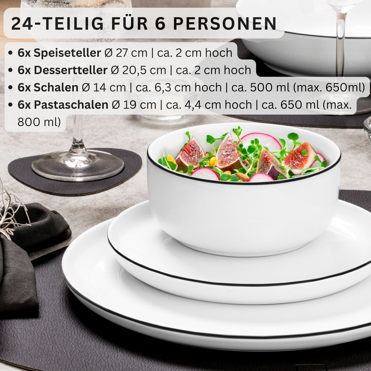 SÄNGER Porcelain Dinnerware Set Marlo Black Rim 24-Piece for 6 People