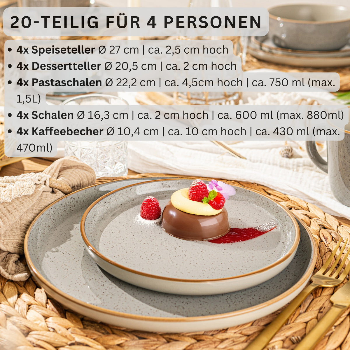SÄNGER Steingut Geschirrset Rio Perlgrau, Kombiservice 20 teilig für 4 Personen