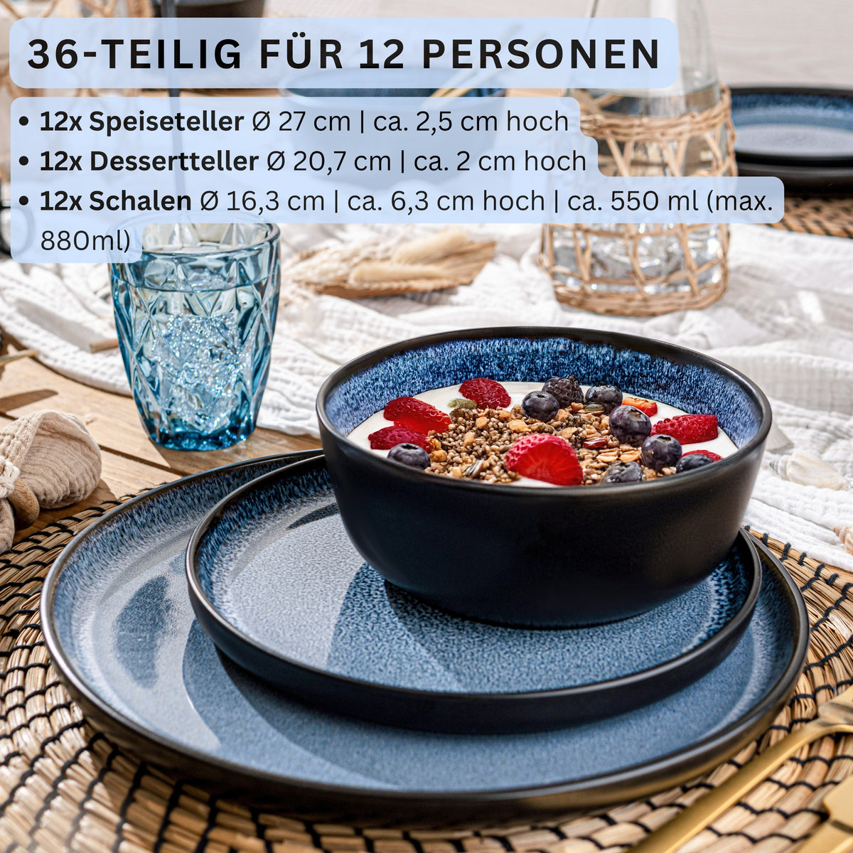 SÄNGER Steingut Geschirrset Aruba, Tafelservice 36 teilig für 12 Personen