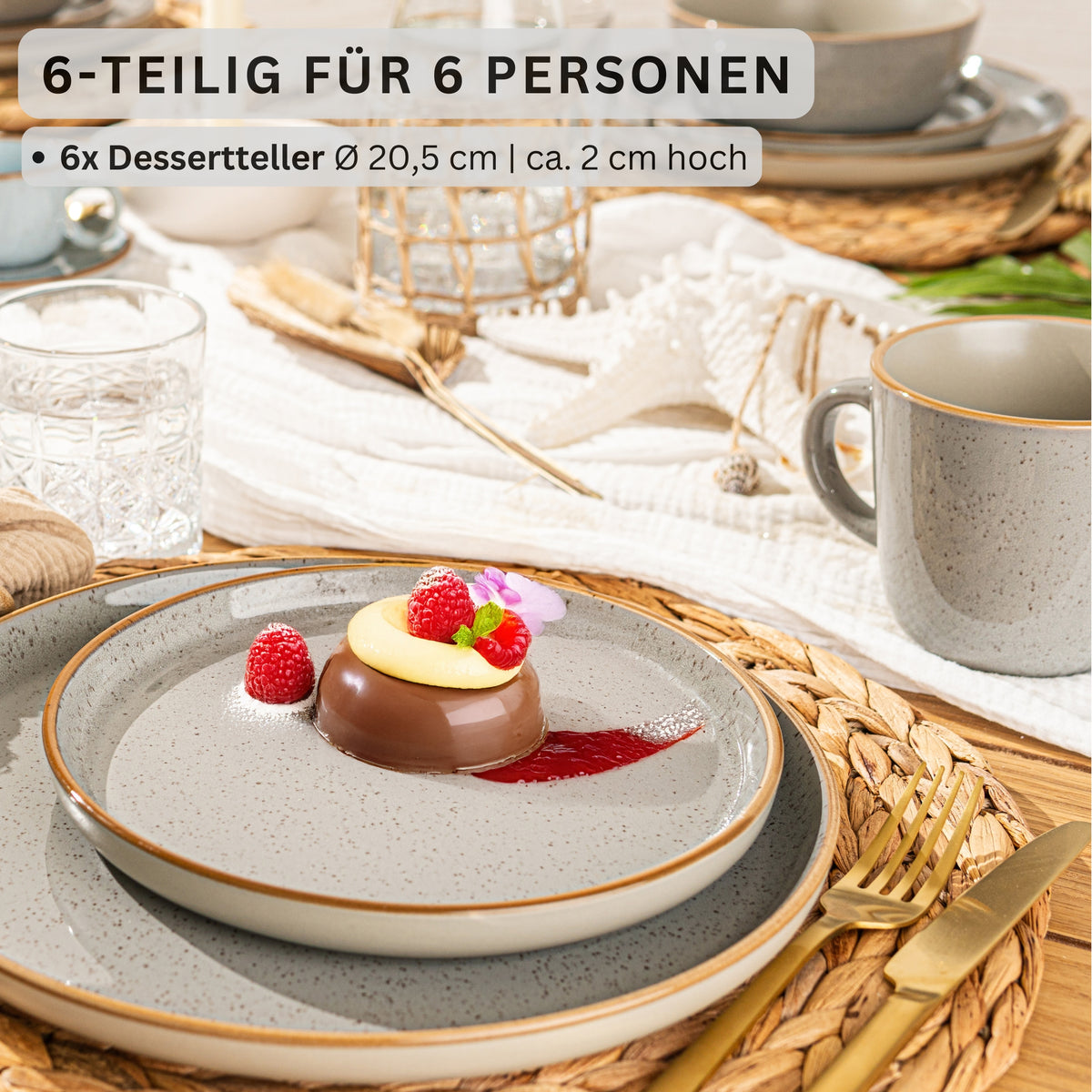 SÄNGER Dessertteller Set Rio Perlgrau - 6 teilig aus Steingut