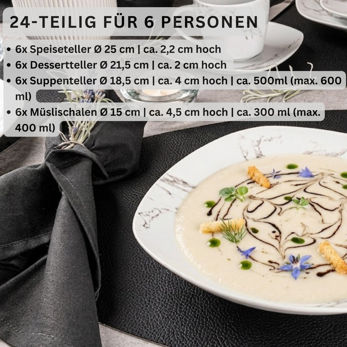 SÄNGER Porcelain Dinnerware Set Bilgola Marble, Dinner Service 24 Pieces for 6 People