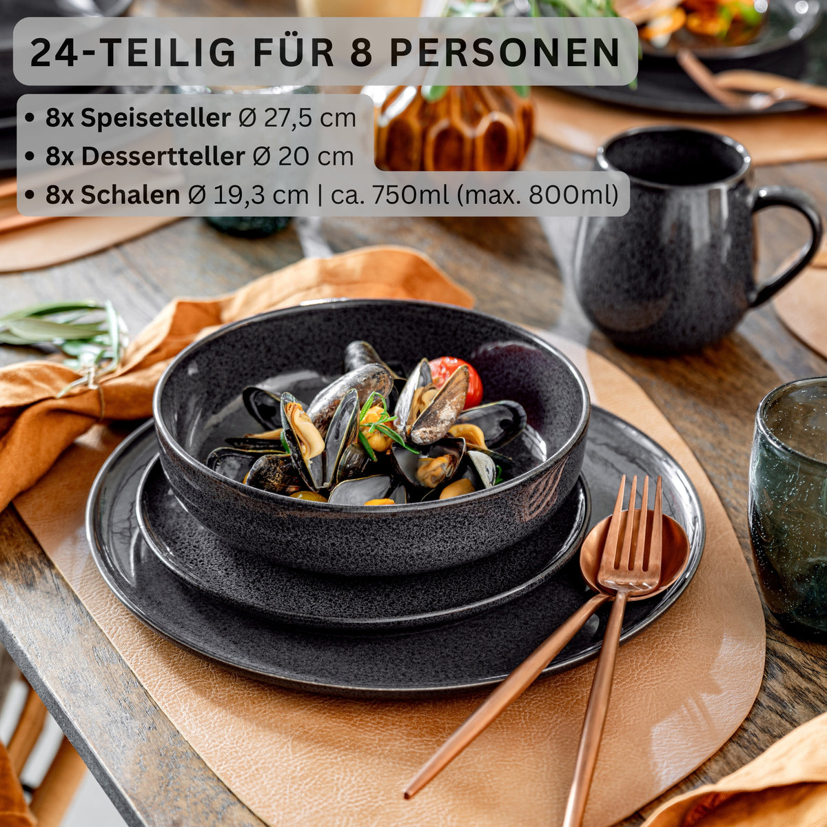SÄNGER Steingut Geschirrset Bali, Tafelservice 36 teilig für 12 Personen