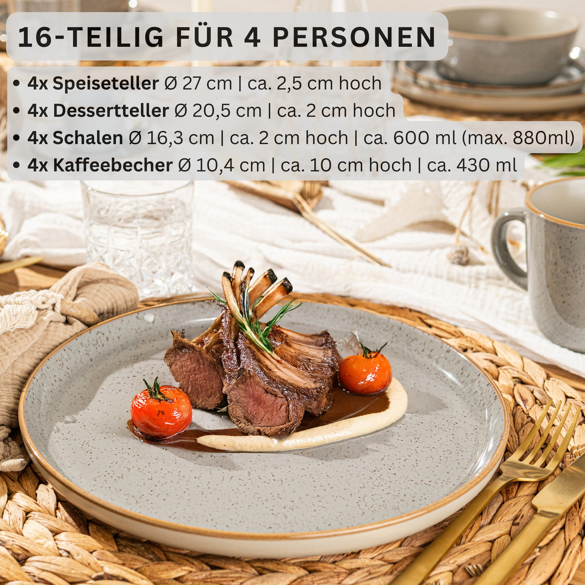 SÄNGER Steingut Geschirrset Rio Perlgrau, Kombiservice 16 teilig für 4 Personen