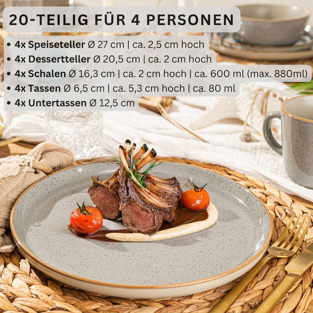 SÄNGER Stoneware Dinnerware Set Rio Pearl Grey, 20-Piece Combi-Set for 4 People with Espresso Cups