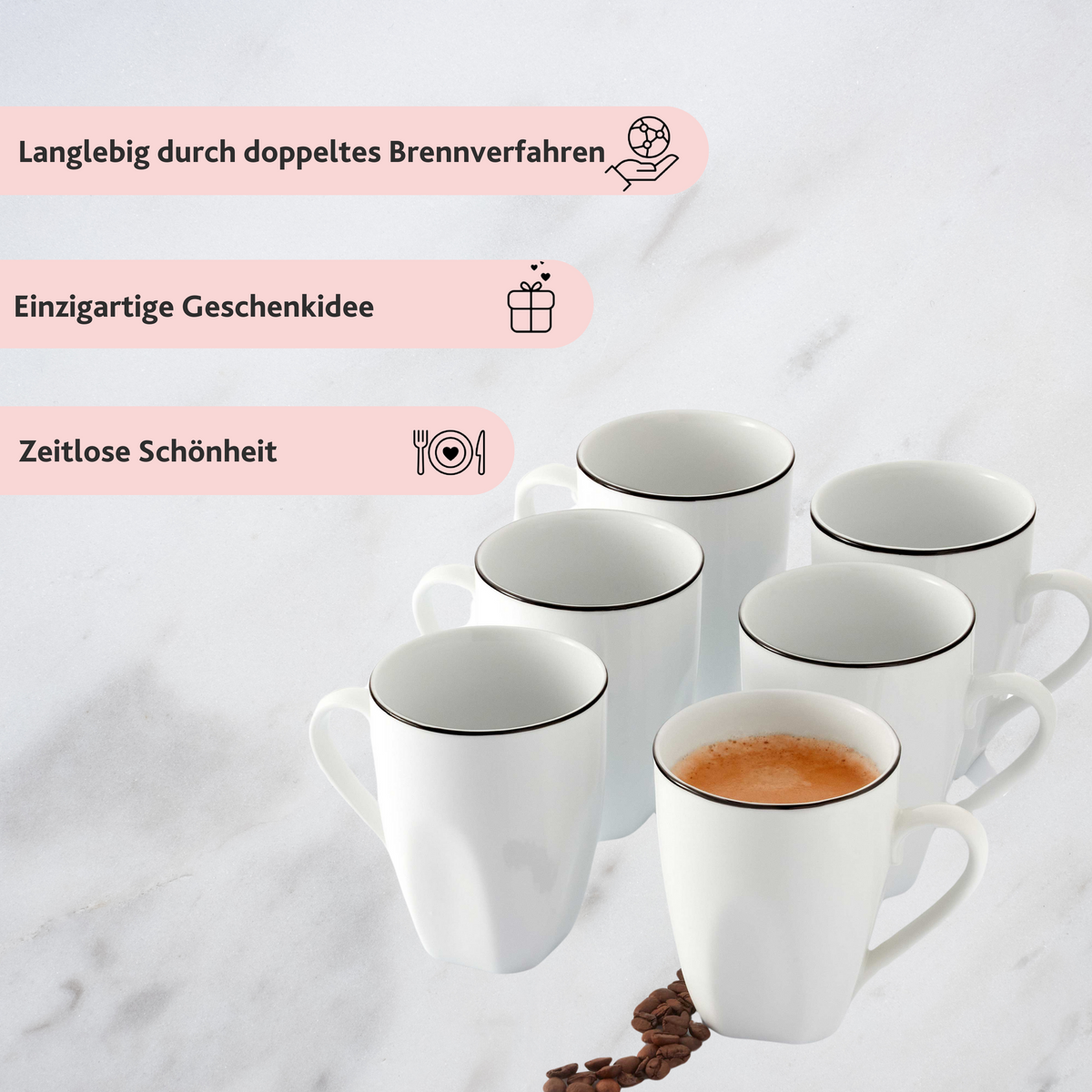 SÄNGER Porcelain Coffee Mug Set Bilgola Black Rim, 6 Pieces