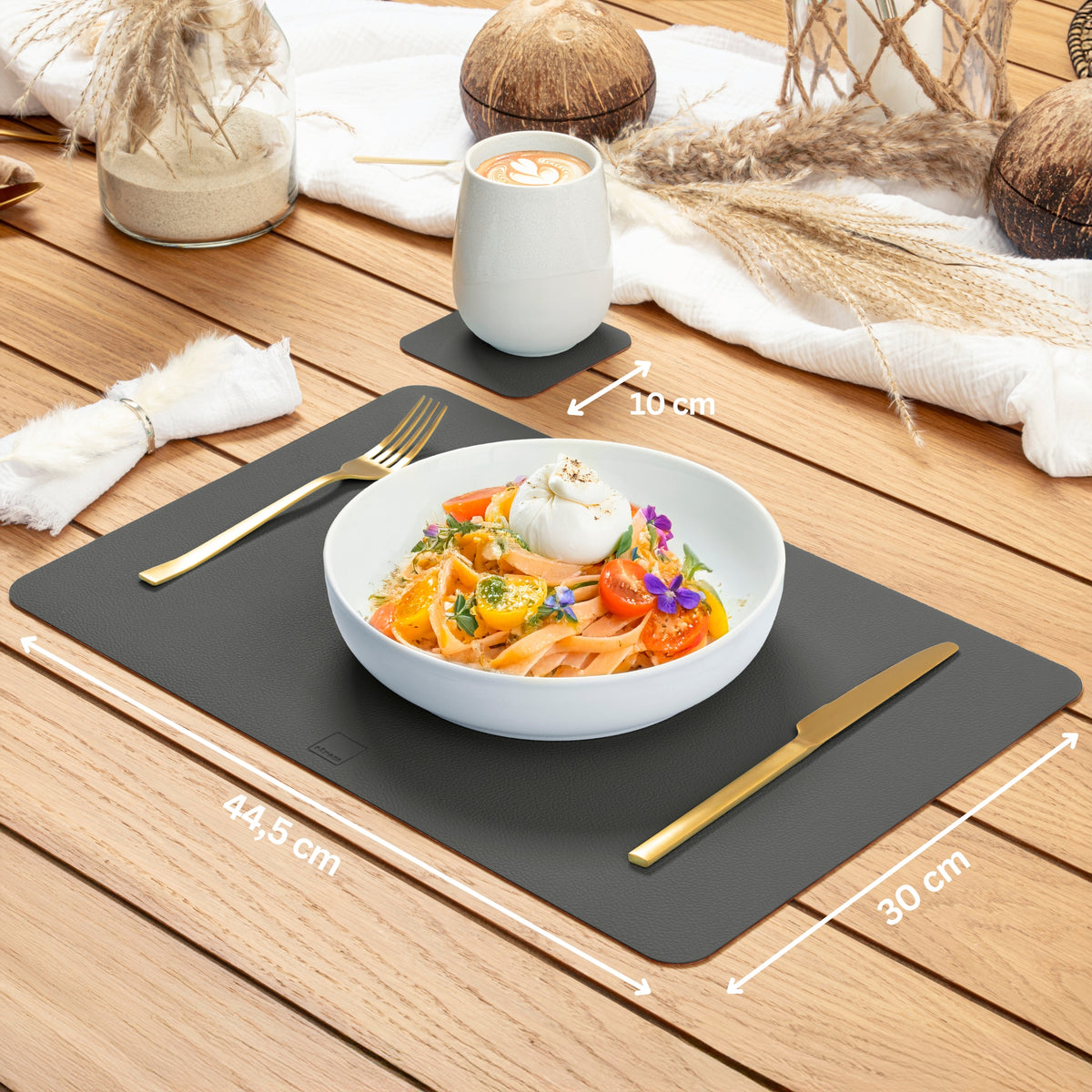 SÄNGER Rectangular Placemats & Coasters, Faux Leather, 12 Pieces for 6 People, Anthracite + Brown