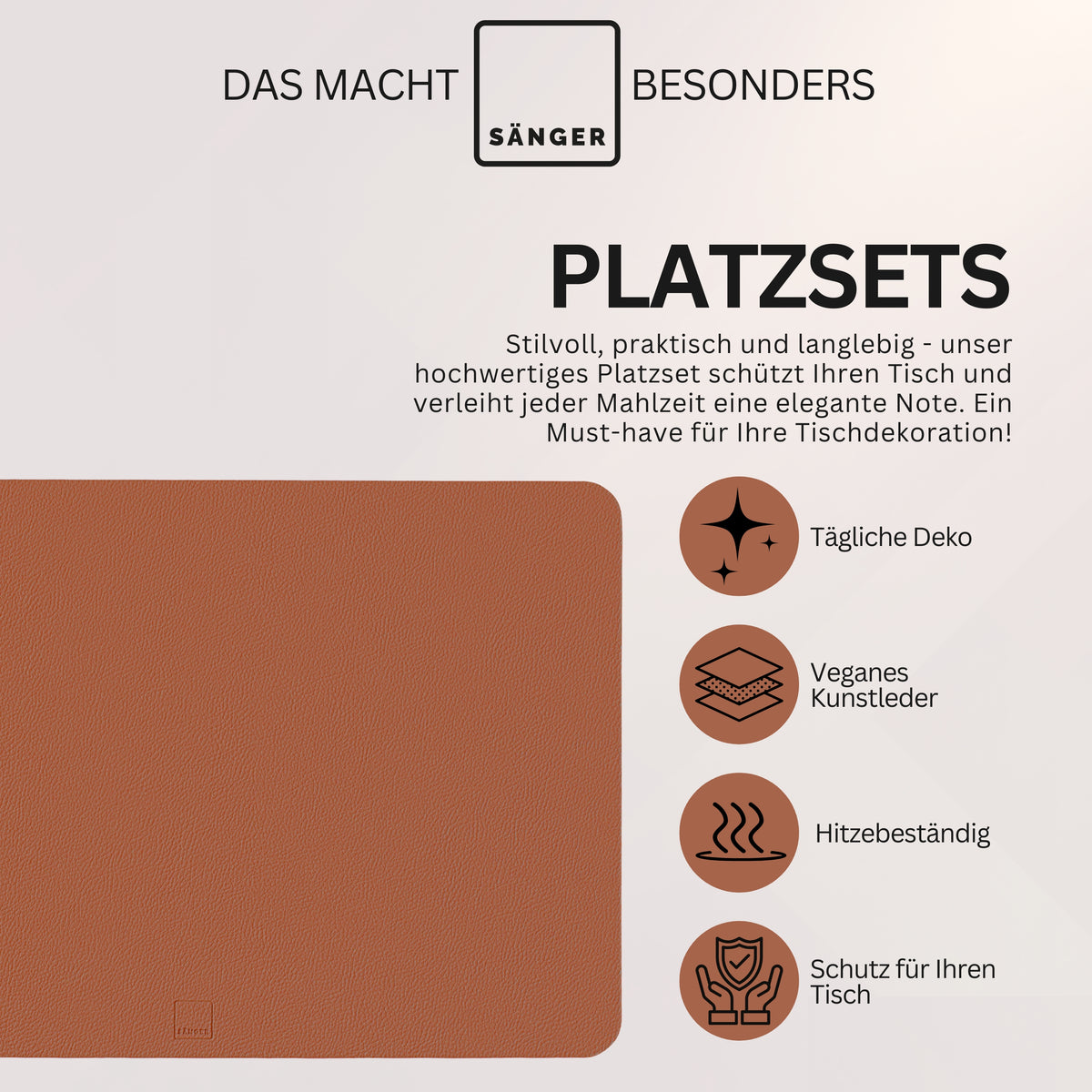 SÄNGER Rectangular Placemats & Coasters, Faux Leather, 12 Pieces for 6 People, Anthracite + Brown