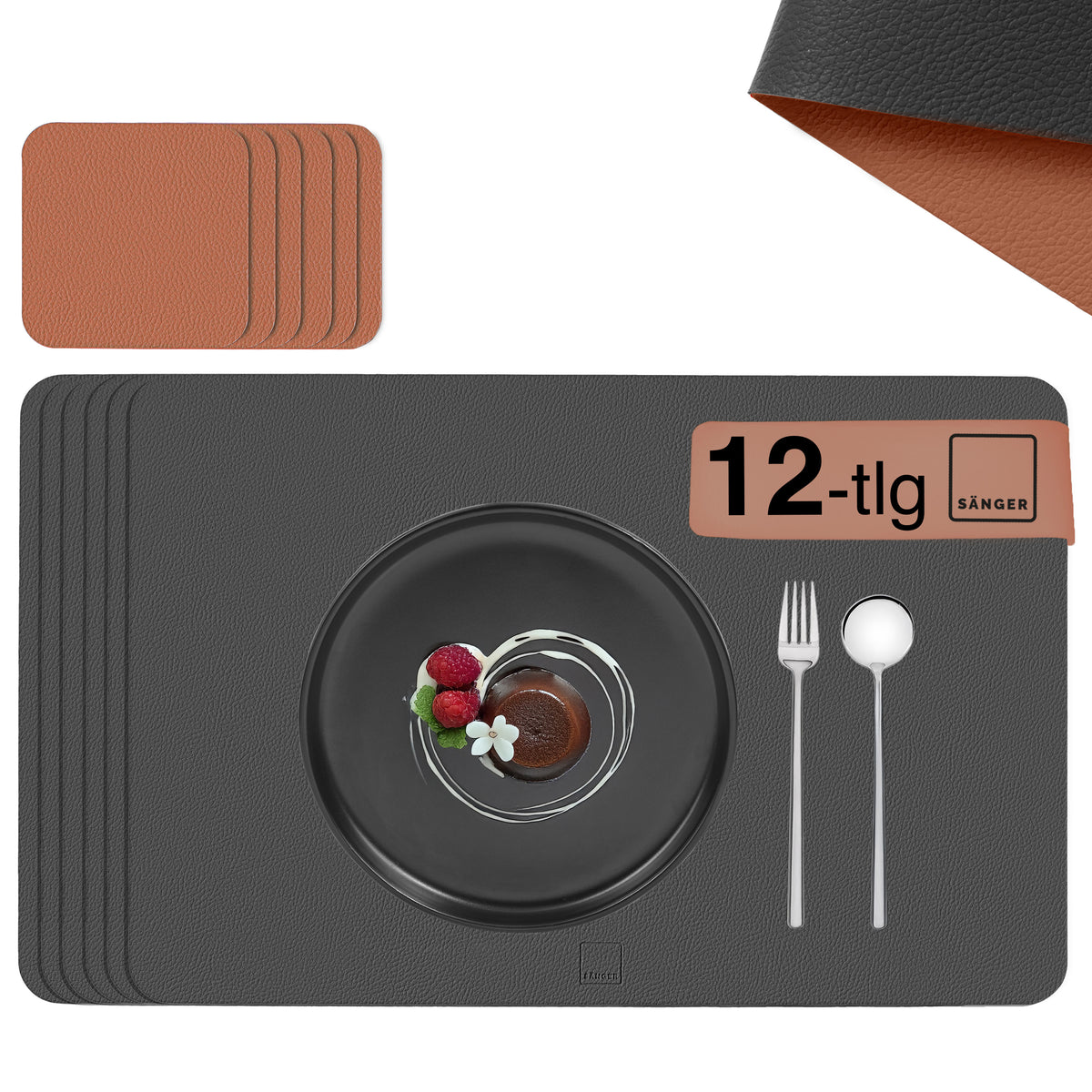 SÄNGER Rectangular Placemats & Coasters, Faux Leather, 12 Pieces for 6 People, Anthracite + Brown