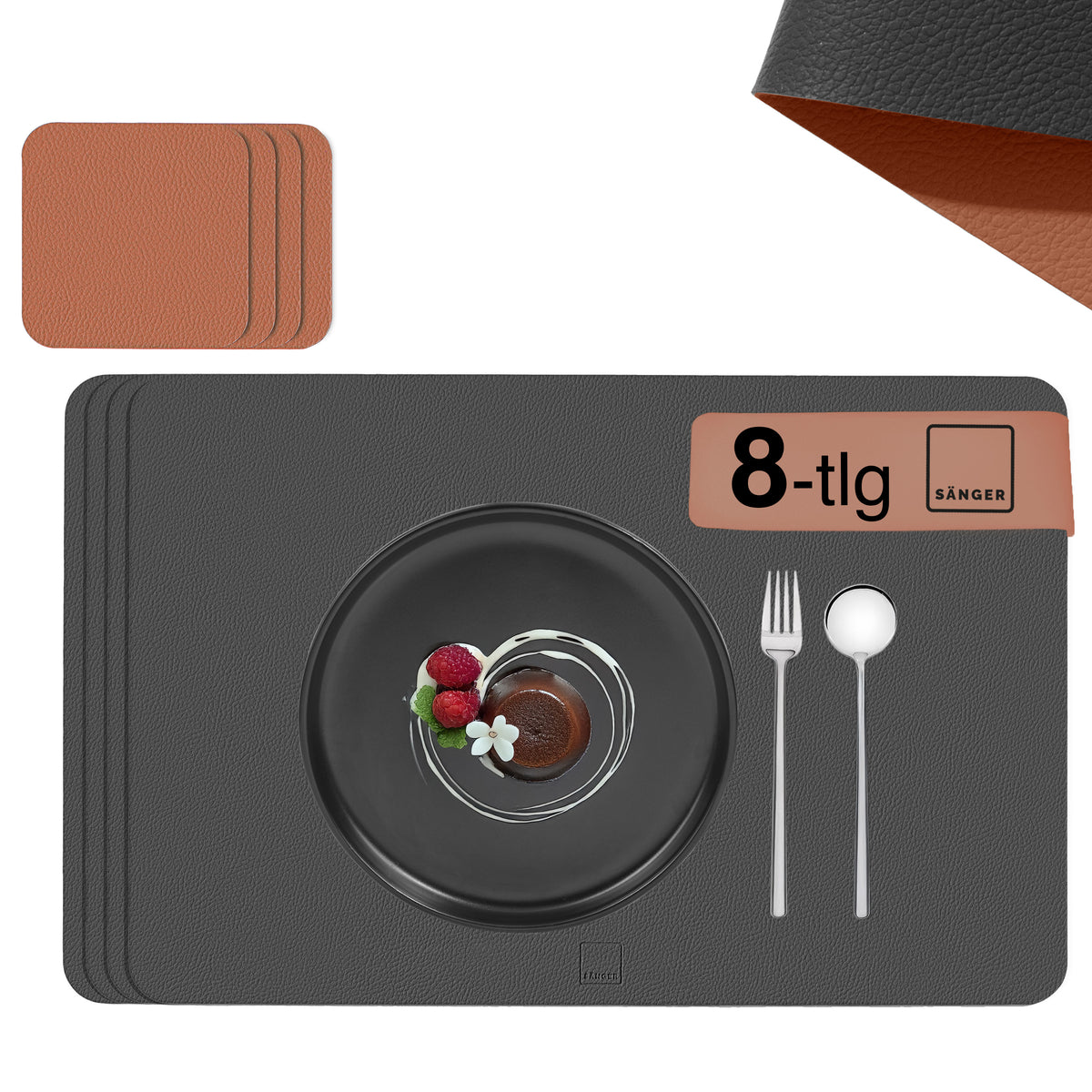 SÄNGER Rectangular Faux Leather Placemats & Coasters, 8-Piece Set for 4 Persons, Anthracite + Brown