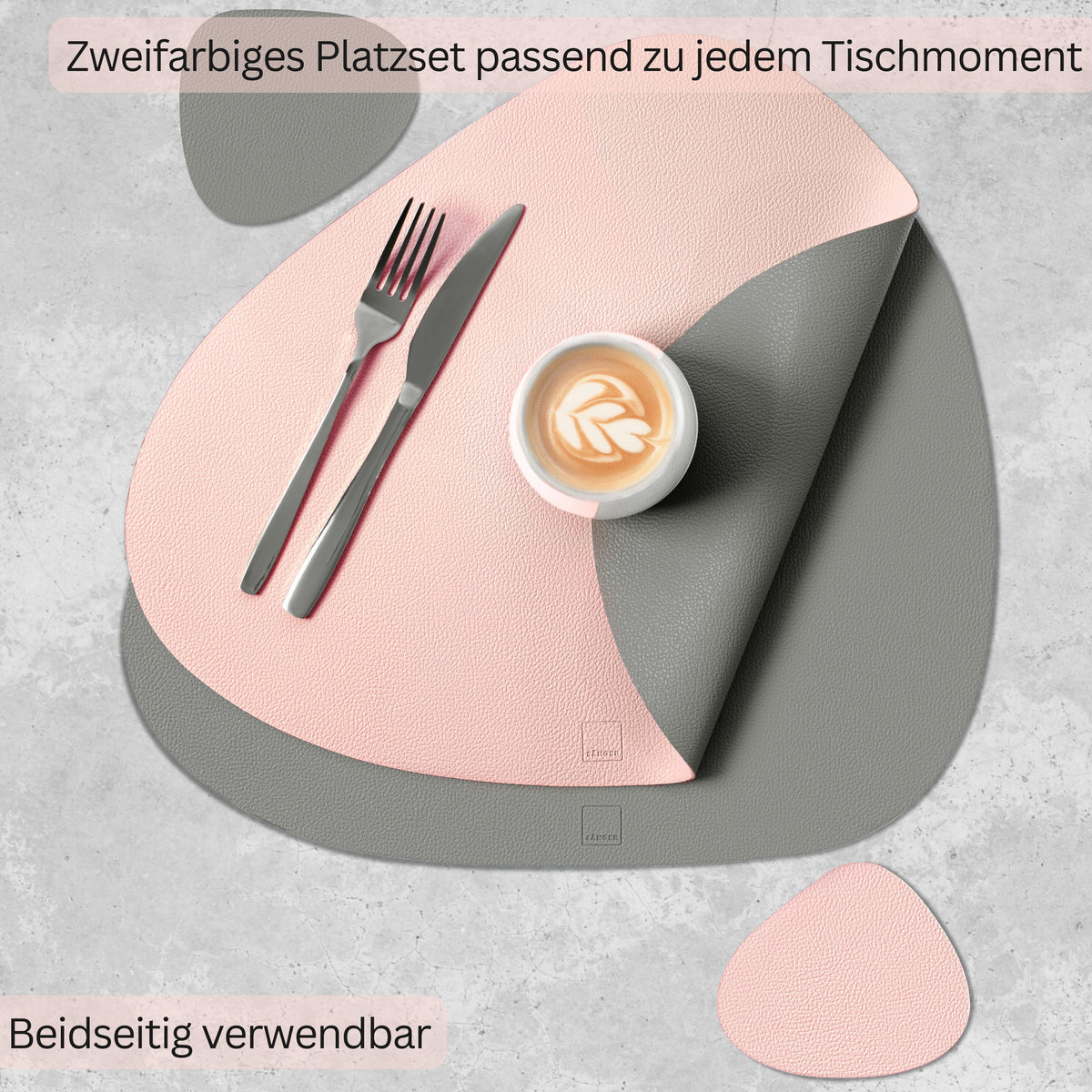 SÄNGER Organic Faux Leather Placemats & Coasters 12-piece set for 6 people, Pink + Grey