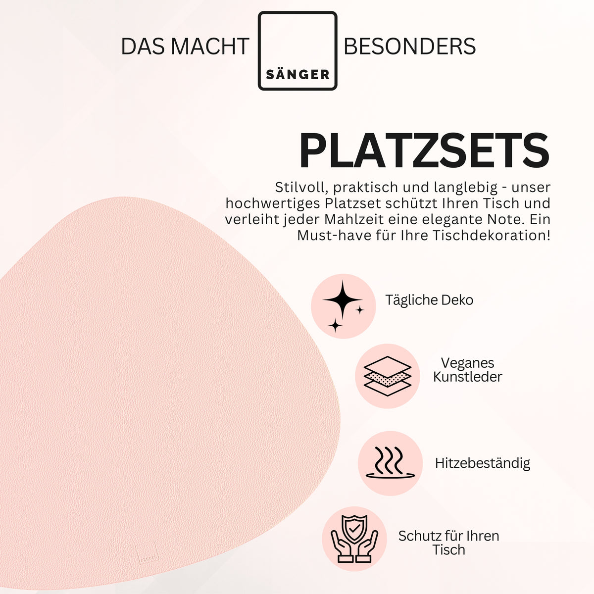SÄNGER Organic Faux Leather Placemats & Coasters 12-piece set for 6 people, Pink + Grey