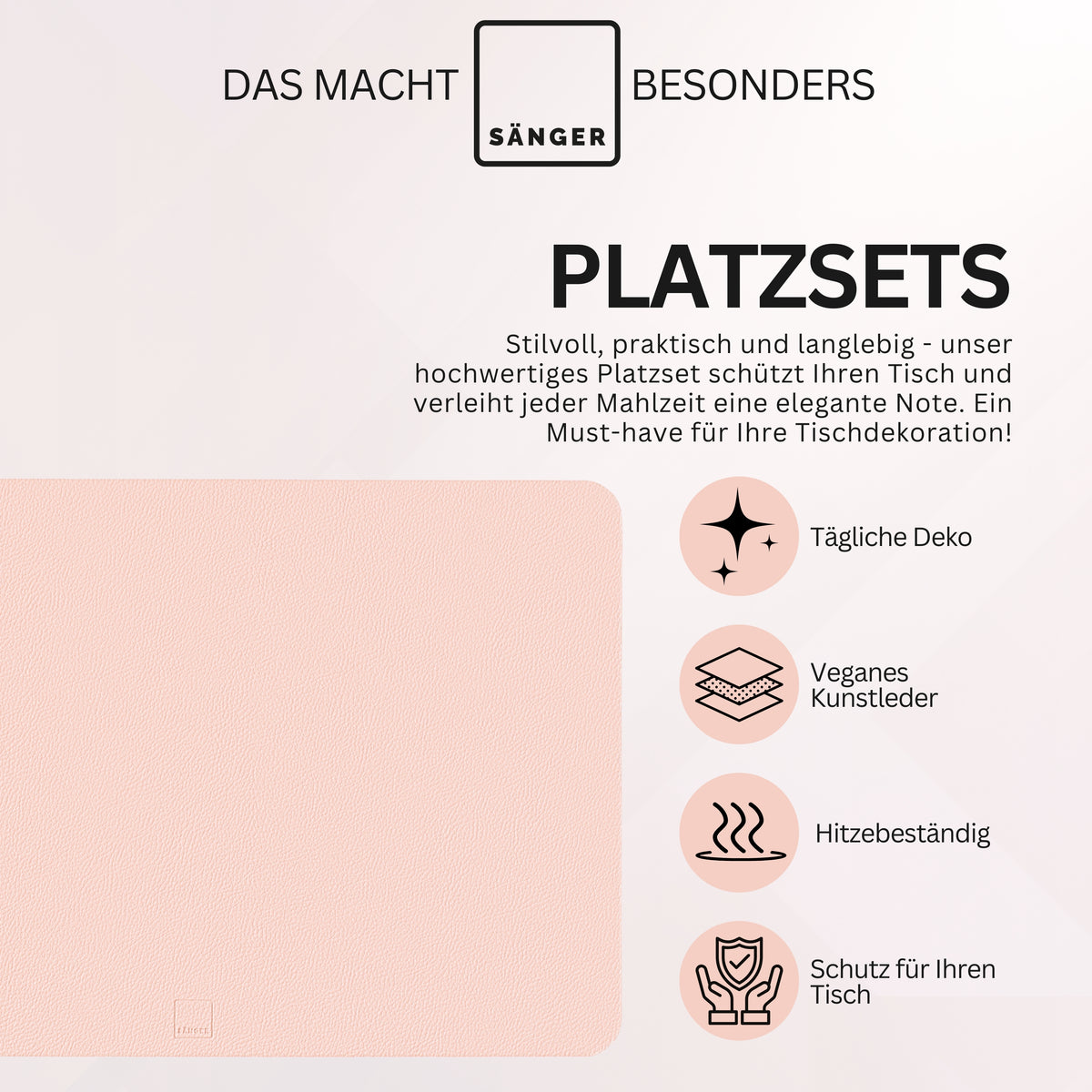 SÄNGER rechteckige Tischsets & Untersetzer aus Kunstleder 12 teilig  für 6 Personen, Rosa + Grau