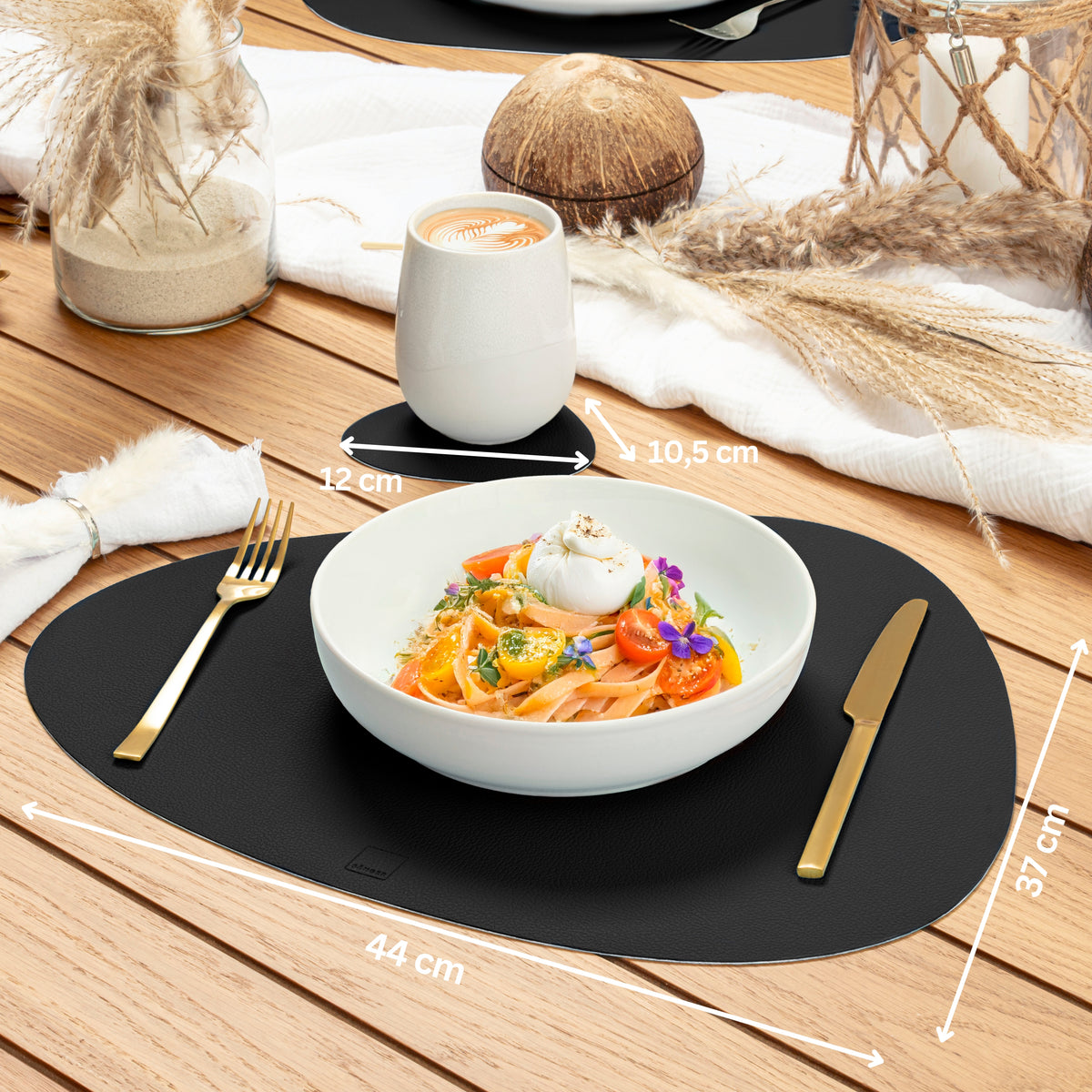 SÄNGER Organic Leatherette Placemats & Coasters 12-Piece Set for 6 People, Black + Cream