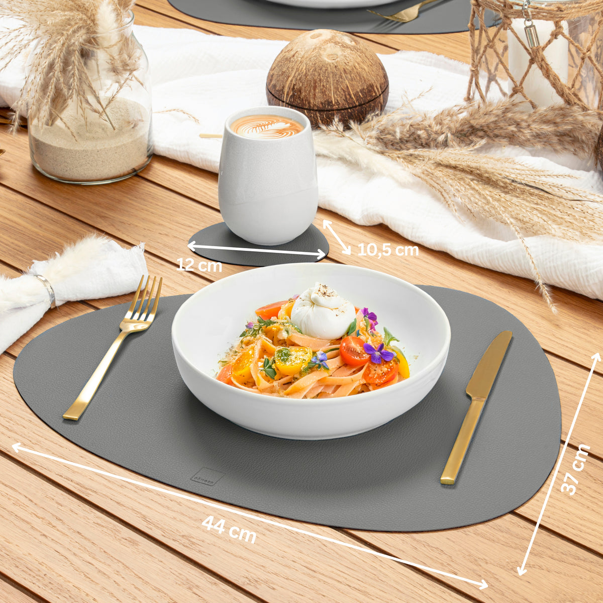 SÄNGER Organic Faux Leather Placemats & Coasters, 12-Piece Set for 6 People, Black + Light Grey