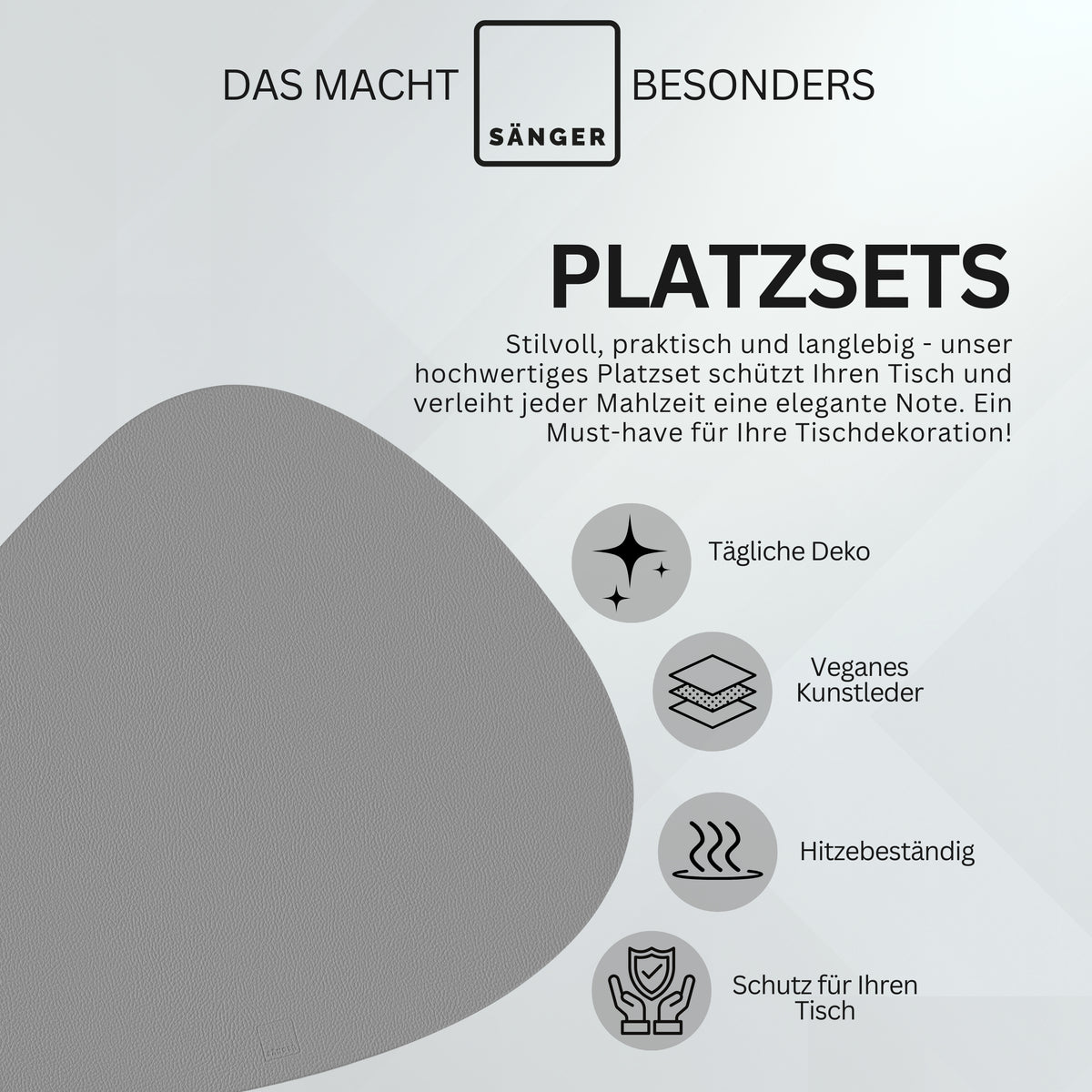 SÄNGER Organic Faux Leather Placemats & Coasters, 12-Piece Set for 6 People, Black + Light Grey