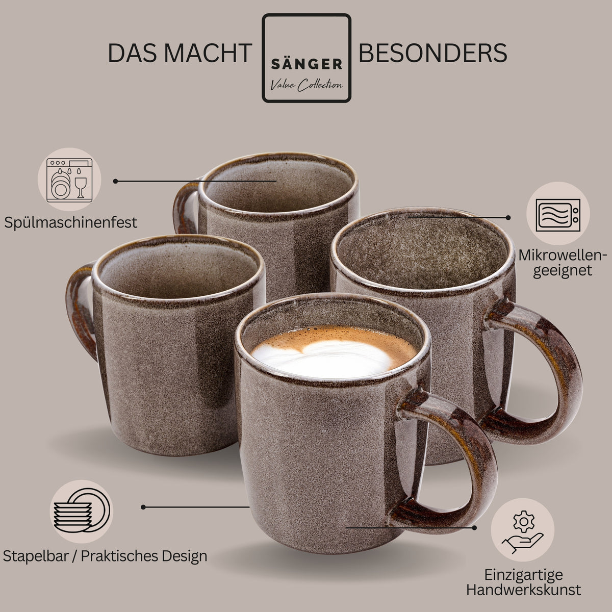 SÄNGER Kaffeebecher Set Kairo Graphit - 4 teilig aus Steingut