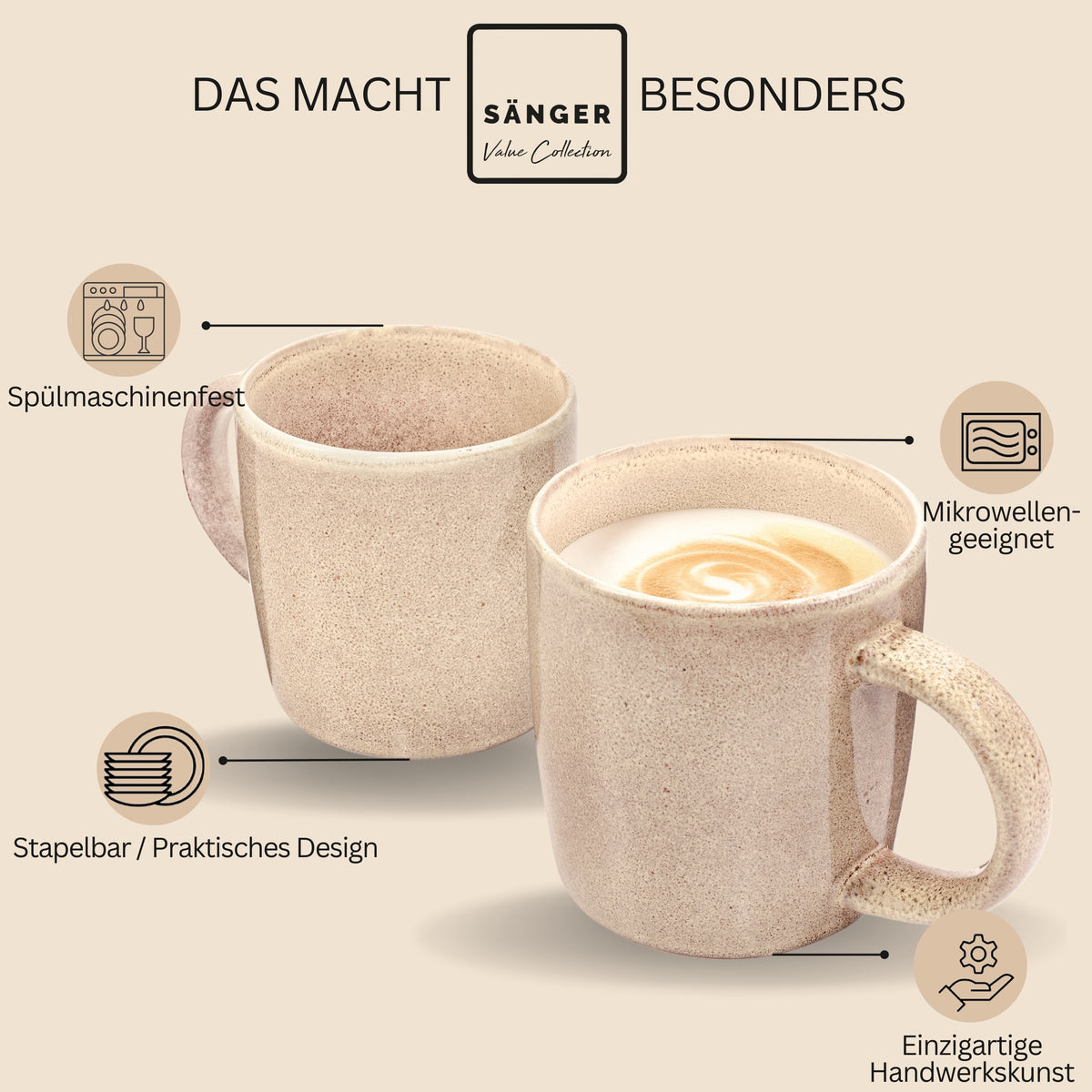 SÄNGER Kaffeebecher Set Kairo Mocha - 4 teilig aus Steingut