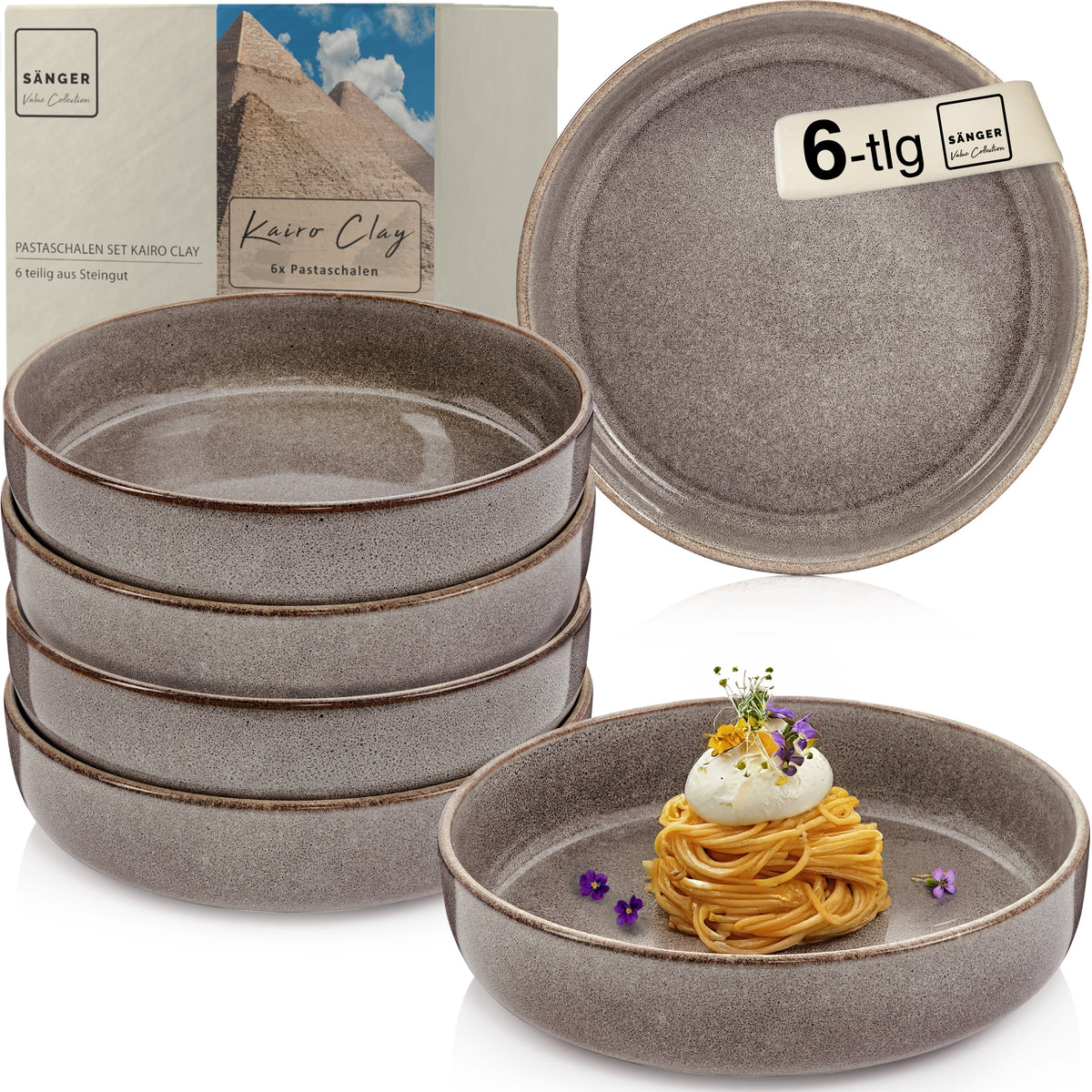 SÄNGER Kairo Graphite Pasta Bowl Set - 6 Pieces, Stoneware