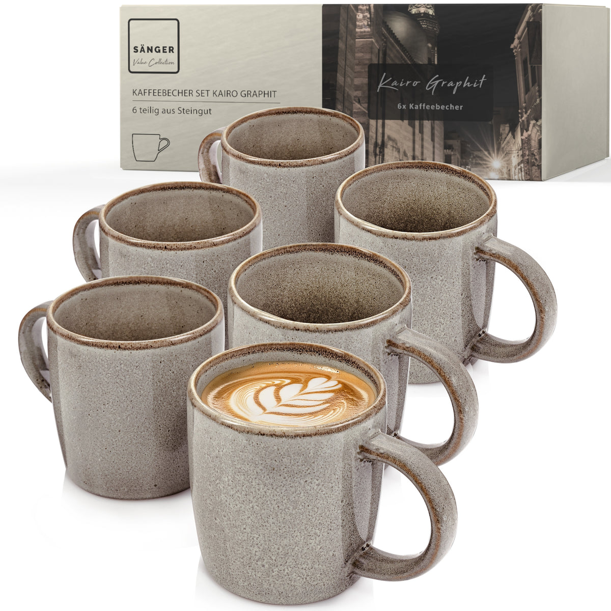 SÄNGER Kaffeebecher Set Kairo Graphit - 6 teilig aus Steingut