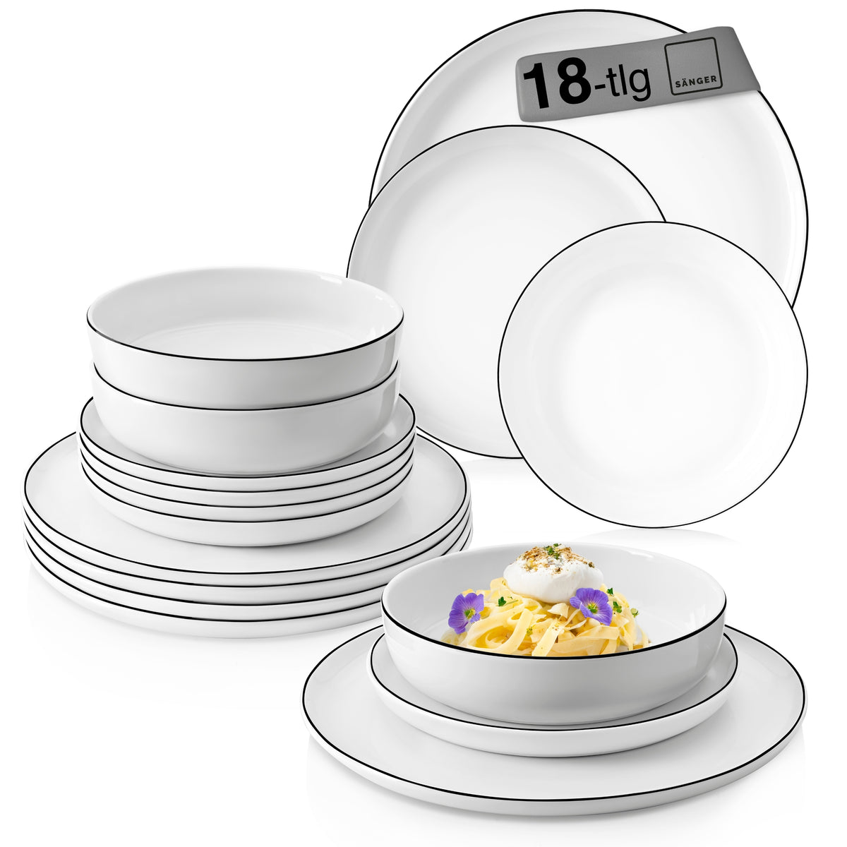 SÄNGER Porcelain Dinnerware Set Marlo Black Rim 18-piece for 6 People