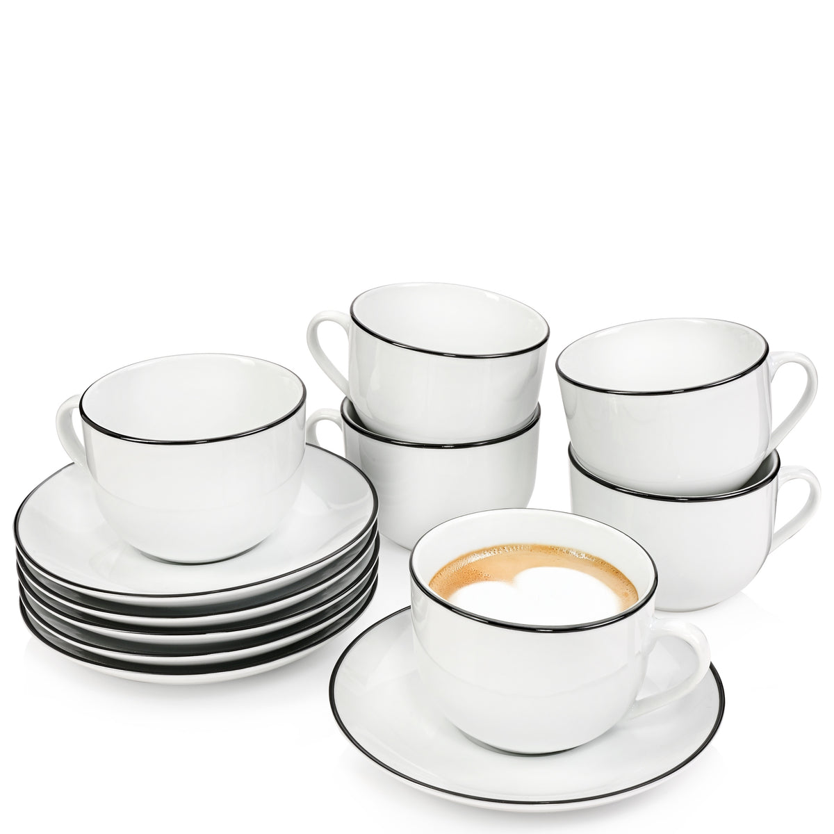 SÄNGER Porcelain Coffee Cup Set Marlo Black Rim Limited Edition 12-Piece for 6 People