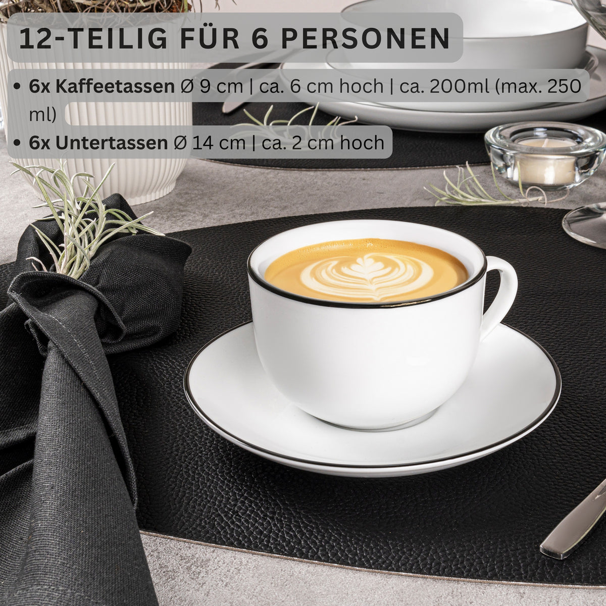 SÄNGER Porcelain Coffee Cup Set Marlo Black Rim Limited Edition 12-Piece for 6 People