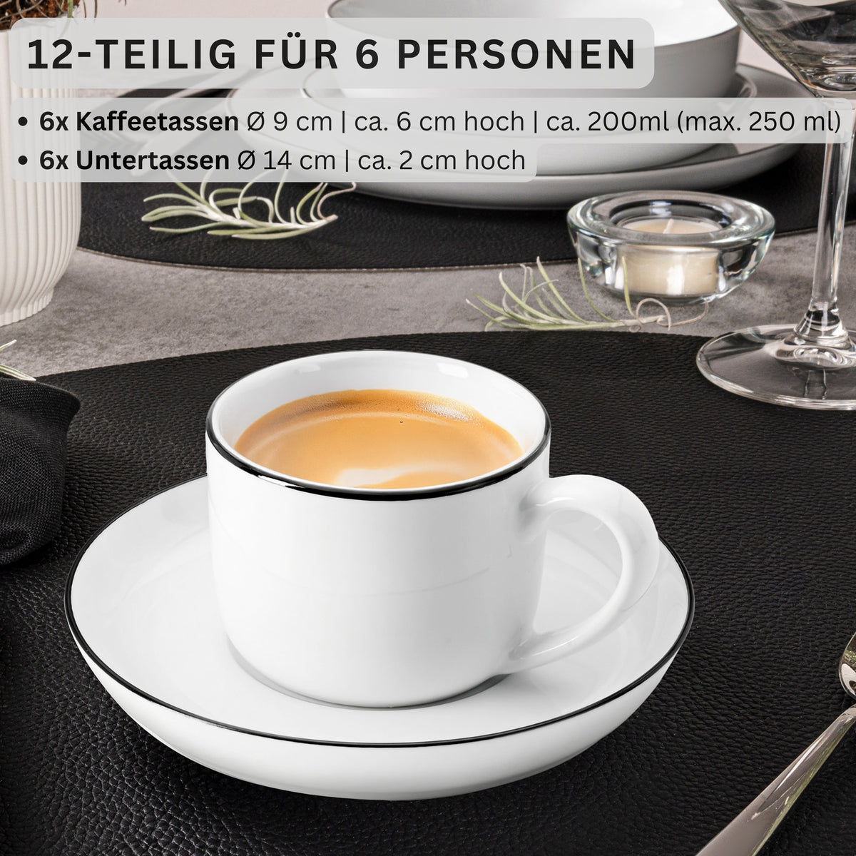 SÄNGER Porcelain Coffee Cup Set Marlo Black Rim 12-Piece for 6 People