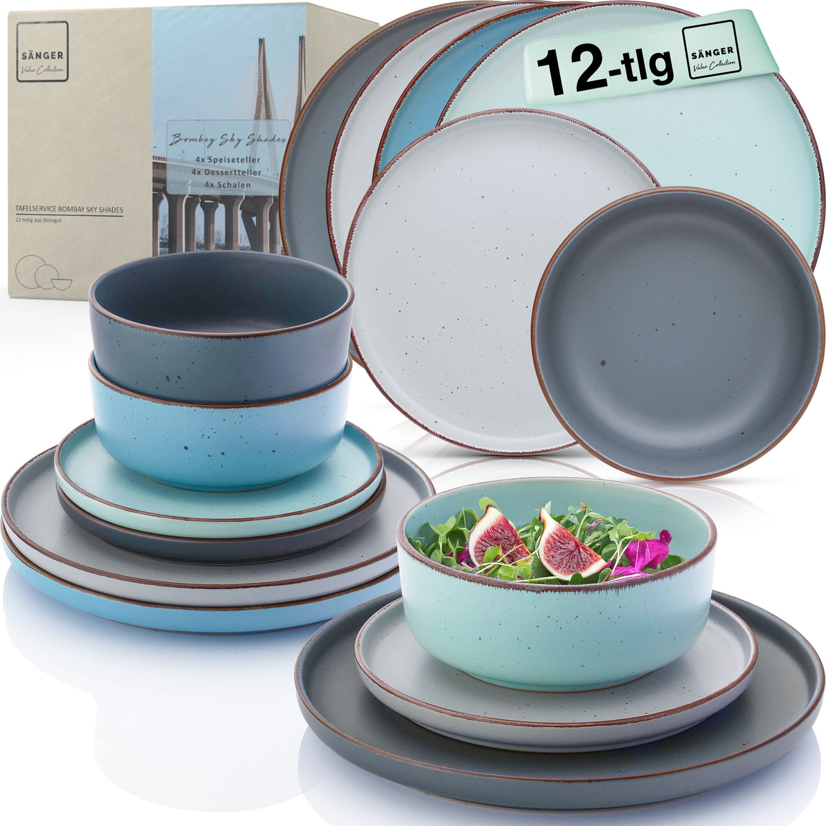 SÄNGER Stoneware Dinnerware Set Bombay Sky Shades 12-Piece for 4 People