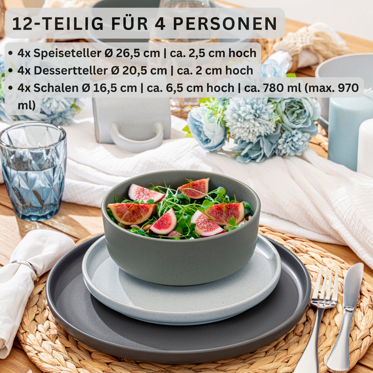 SÄNGER Steingut Geschirrset Leeds 12 teilig für 4 Personen