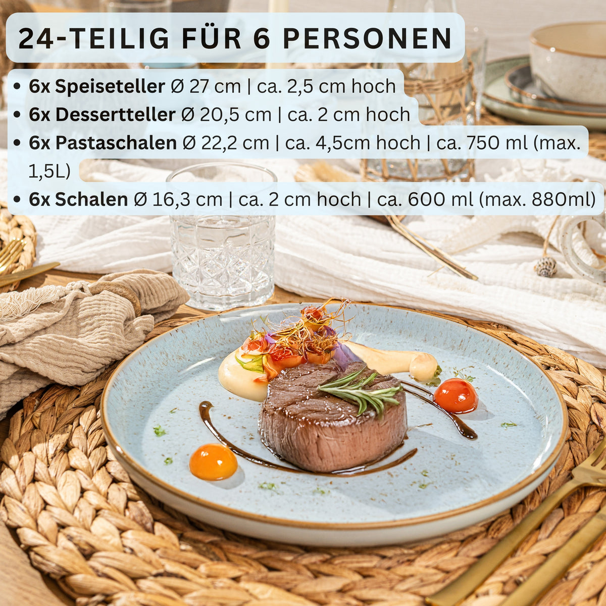 SÄNGER Steingut Geschirrset Rio Lagune, Tafelservice 24 teilig für 6 Personen