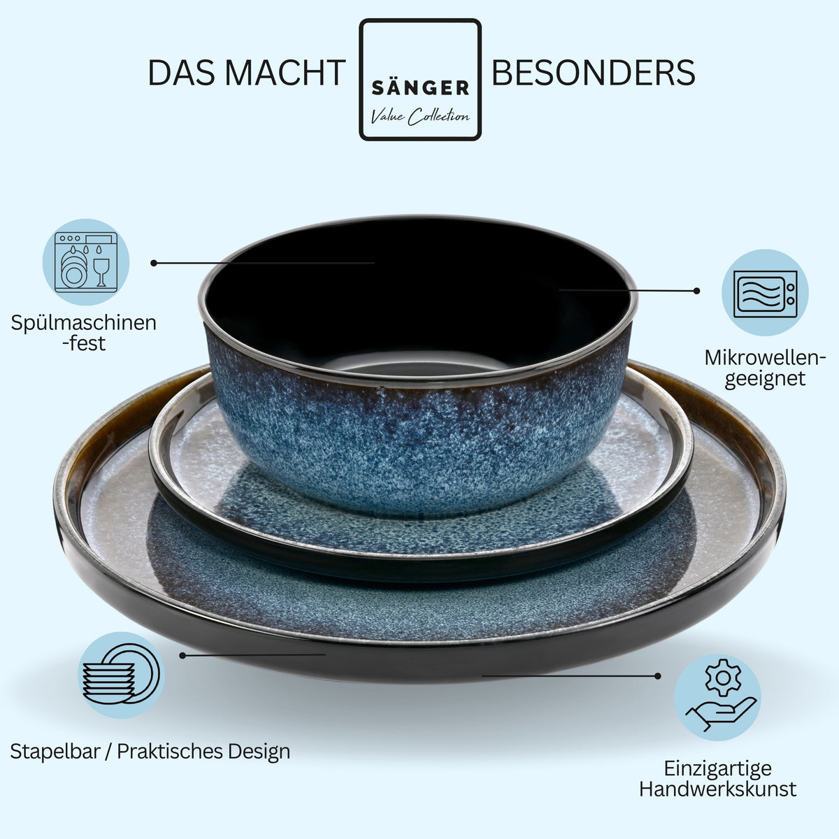 SÄNGER Stoneware Dinnerware Set Osaka, 30-Piece Combi-Set for 6 People