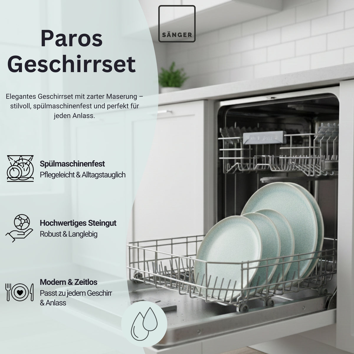 SÄNGER Steingut Geschirrset Paros, Tafelservice 12 teilig für 4 Personen