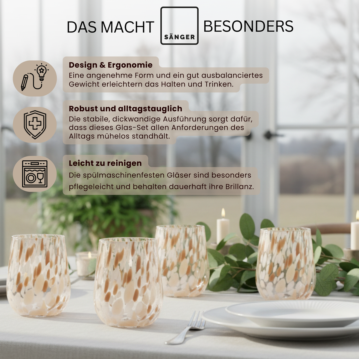 SÄNGER Trinkgläser Set Curacao 4 teilig - weiß/beige/braun