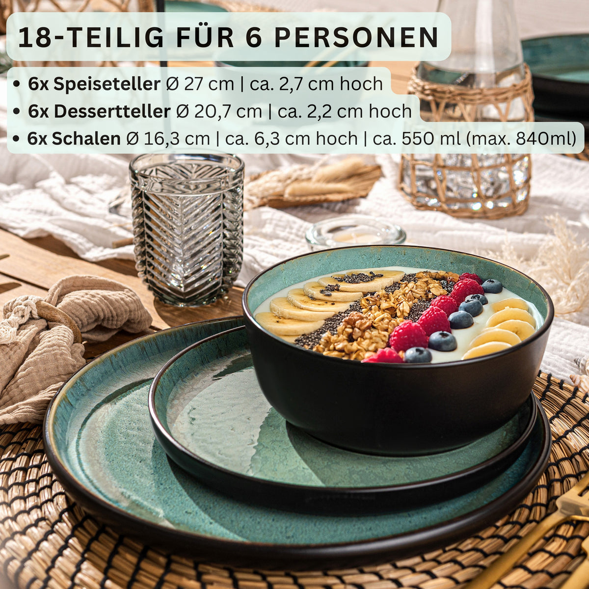 SÄNGER Stoneware Dinnerware Set Fiji, 18-Piece Dinner Service for 6 People
