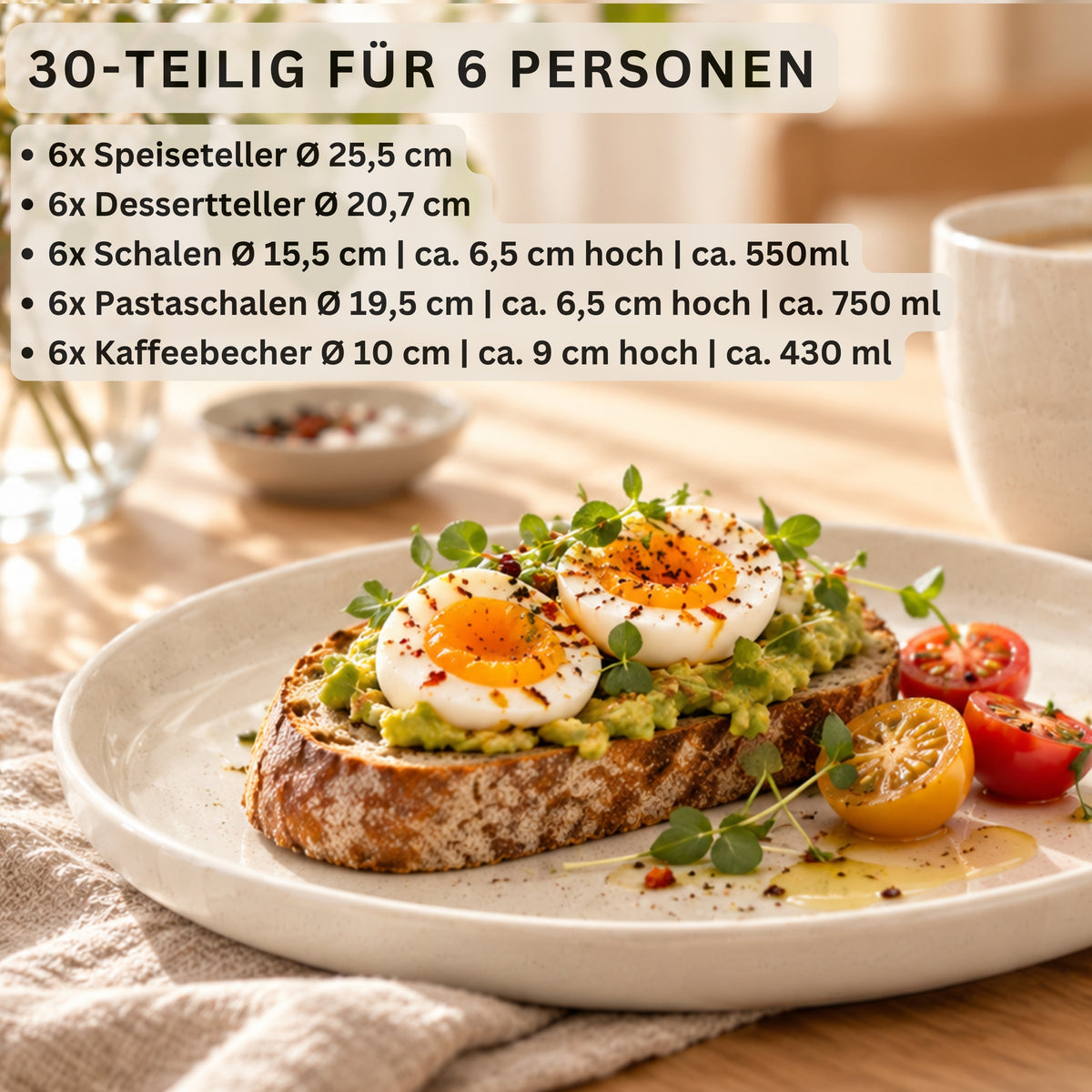 SÄNGER Steingut Geschirrset Milos, Kombiservice 30 teilig für 6 Personen