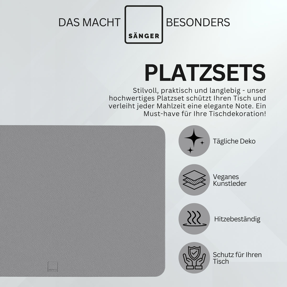 SÄNGER rechteckige Tischsets & Untersetzer aus Kunstleder 12 teilig  für 6 Personen, Schwarz + Hellgrau