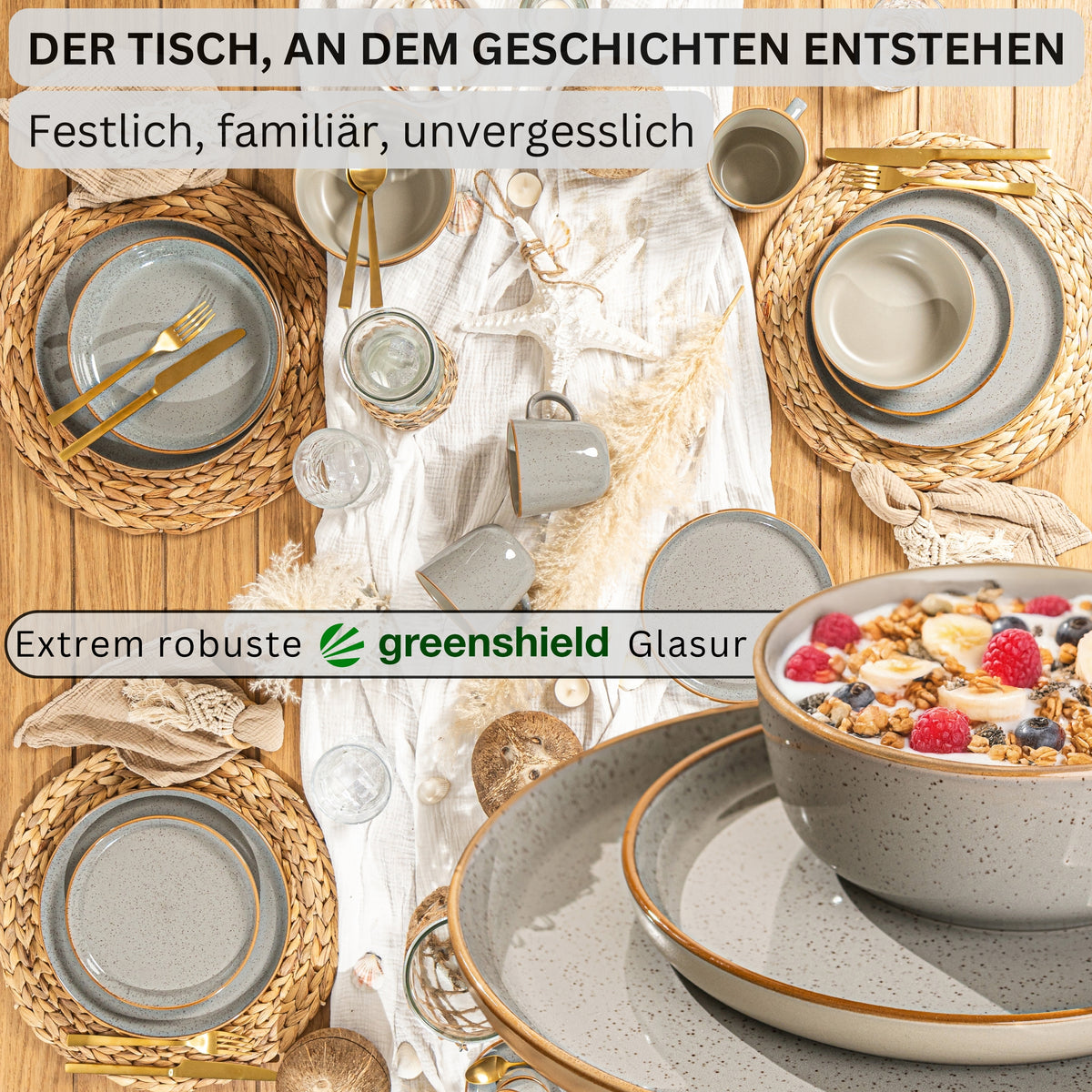 SÄNGER Stoneware Dinnerware Set Rio Pearl Grey, 20-Piece Combi-Set for 4 People with Espresso Cups