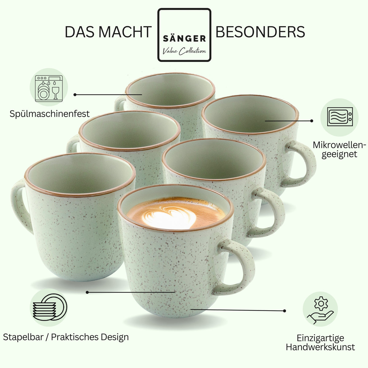SÄNGER Kaffeebecher Set Rio Minze- 6 teilig aus Steingut
