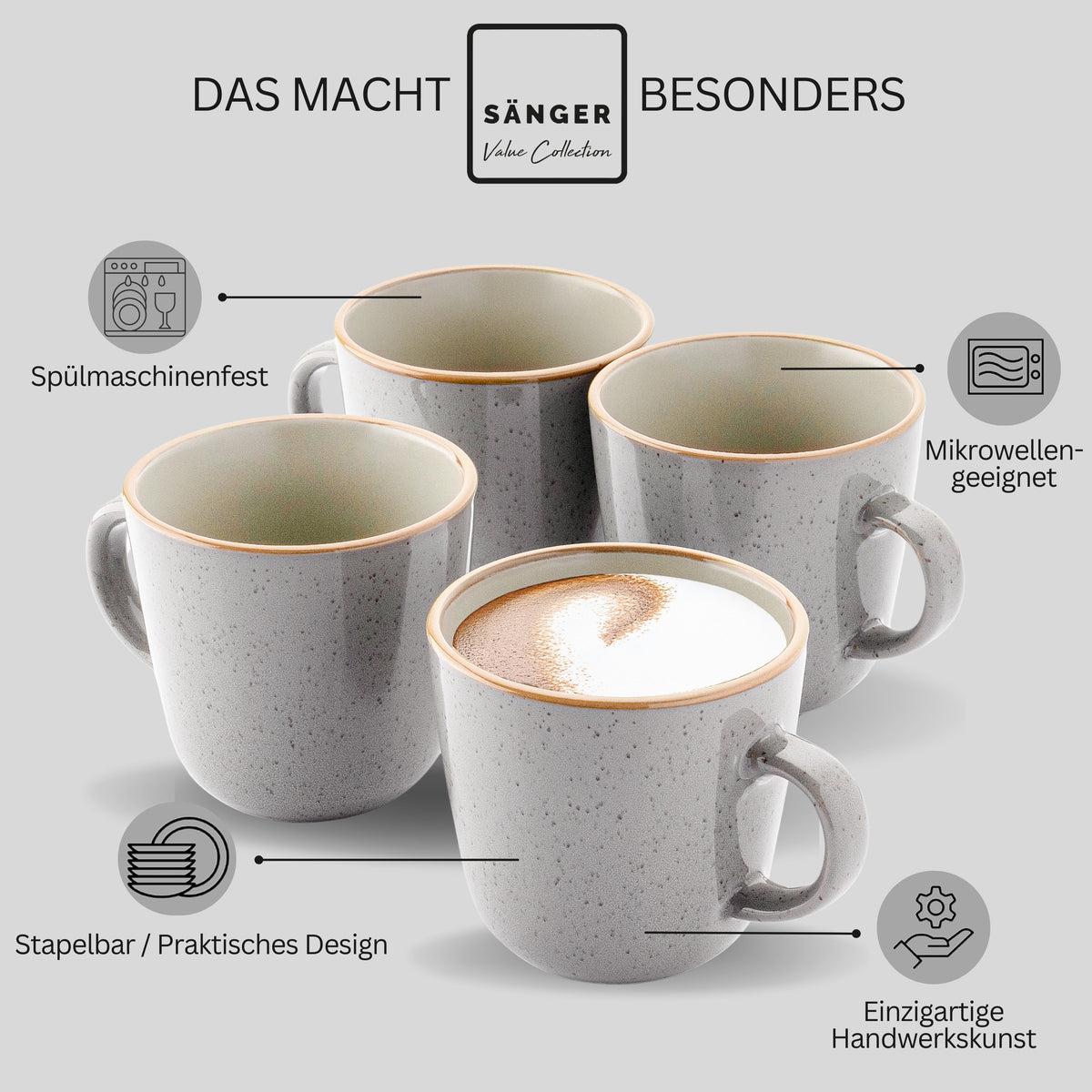 SÄNGER Kaffeebecher Set Rio Perlgrau - 6 teilig aus Steingut