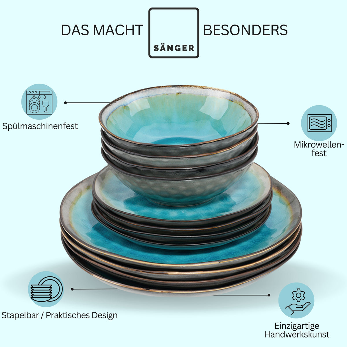SÄNGER Steingut Geschirrset Capri, Tafelservice 24 teilig für 8 Personen