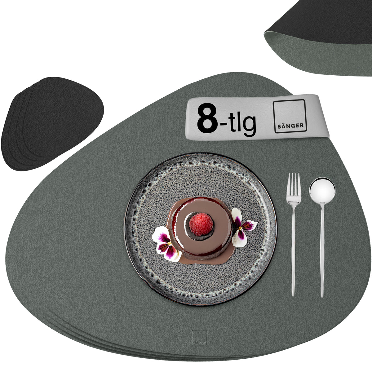 SÄNGER Organic Faux Leather Placemats & Coasters, 8-piece set for 4 people, Grey + Black
