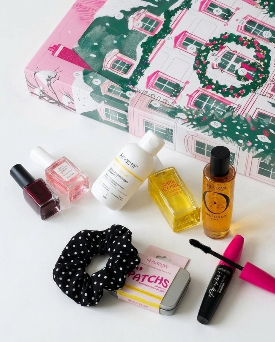 Une partie des produits du calendrier de l'Avent : vernis, shampoing Kinactif, huile Subtil Iconic, élixir Orofluido Revlon, chouchou, patchs et mascara Beautélive