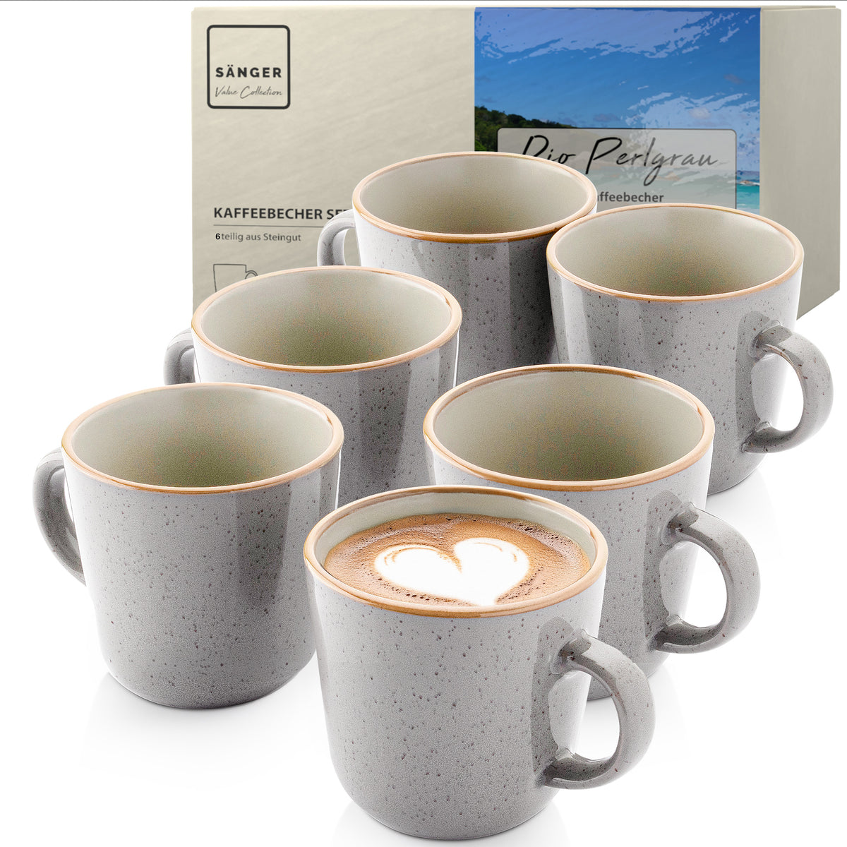 SÄNGER Kaffeebecher Set Rio Perlgrau - 6 teilig aus Steingut
